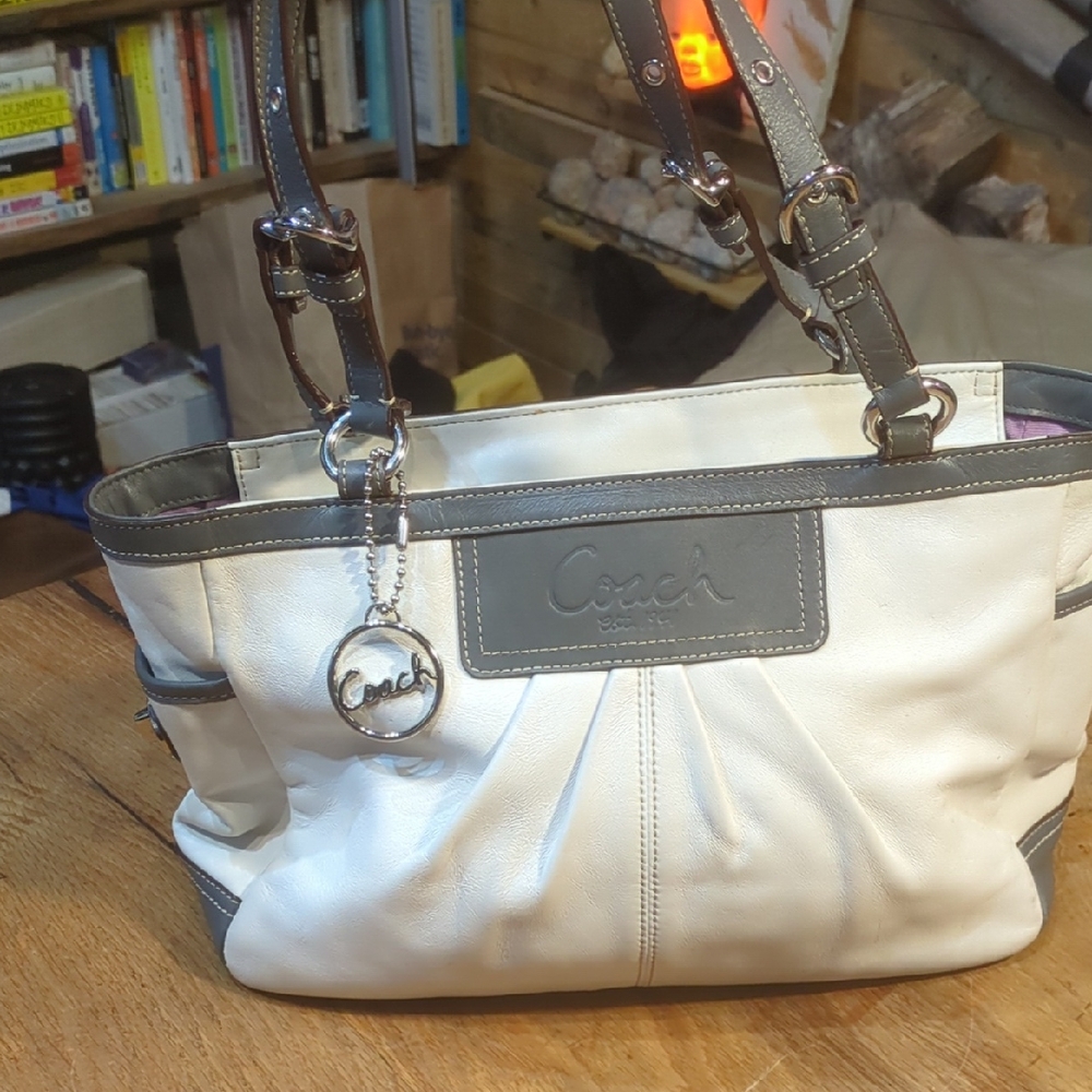 Coach Cream and Gray Shoulder Bag w/ Bag Charm